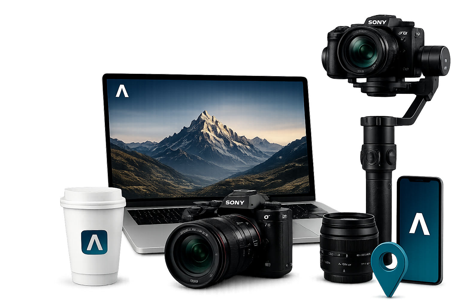 Auxcura Build Your Presence visual featuring a laptop, professional cameras with a gimbal stabilizer, a smartphone, and branded merchandise